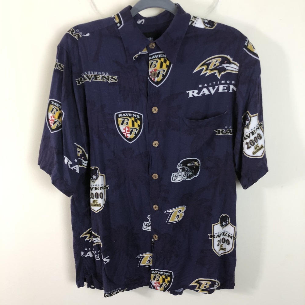 Vintage Baltimore Ravens NFL Team Apparel Hawaiian Button Up Shirt Mens M Purple